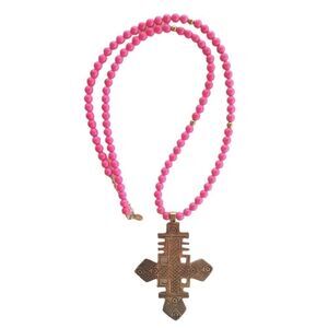 Betsy Pittard Designs BPD Long Beaded Necklace Pink with Gold Cross Pendant